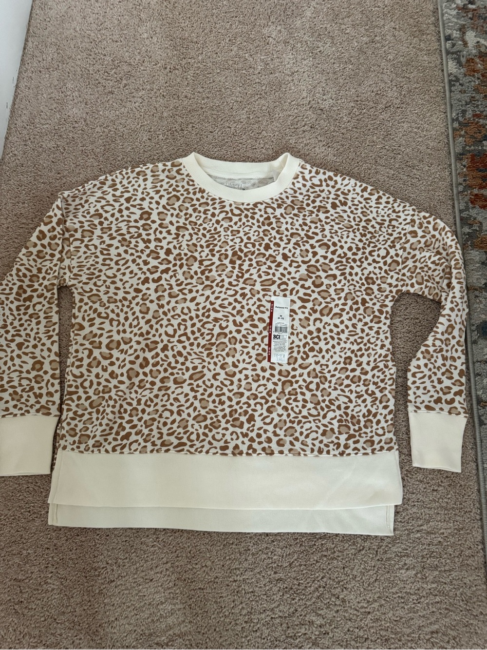 Time and Tru Cream and Brown Leopard Print Crewneck Sweater